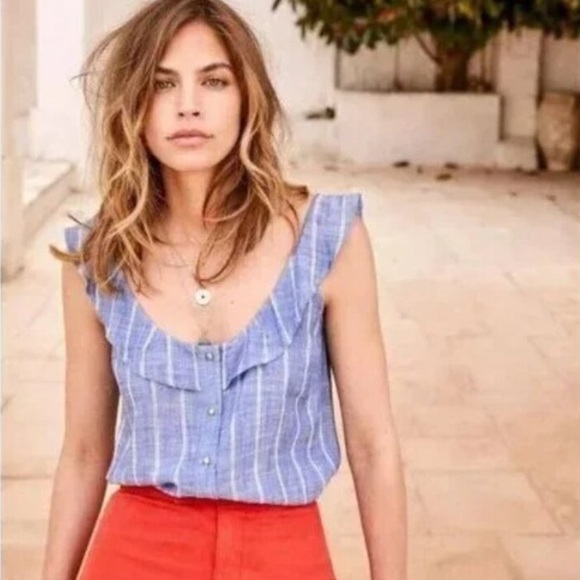 Sezane Manon Striped Blouse Tank Top Ruffle Buttondown Embroidered L-42 276418 - Picture 1 of 9